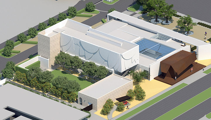 Aerial rendering of the future Museum of Redlands.